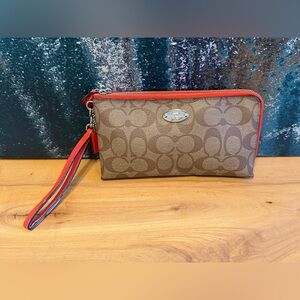Coach Double Zip Wallet in Signature Canvas - Khaki/Orange